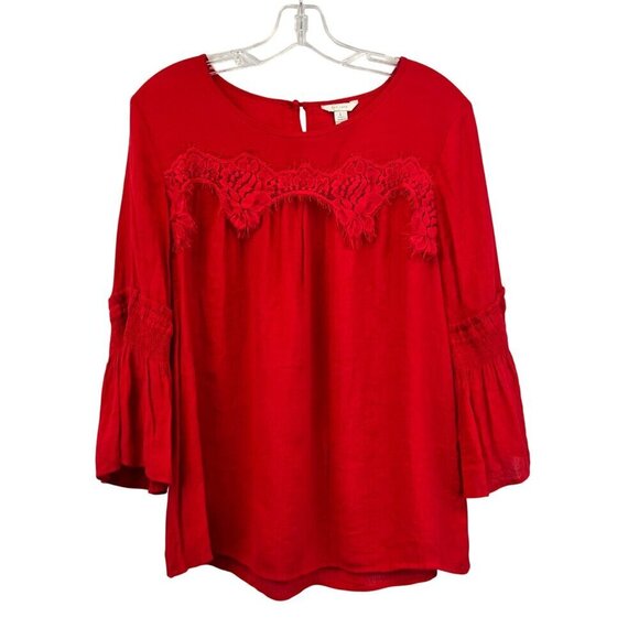 C Est. 1946 Womens 3/4 Bell Sleeve Pullover Top Red Size Large Lace Trim - Picture 1 of 8